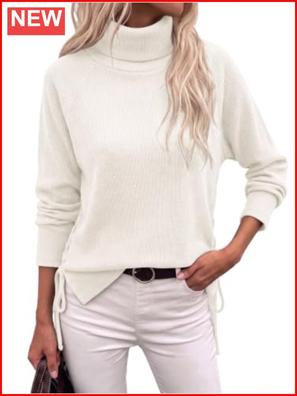 Ribbed Knit Turtleneck Sweater Oversized Side Slit Tunic Pullover
